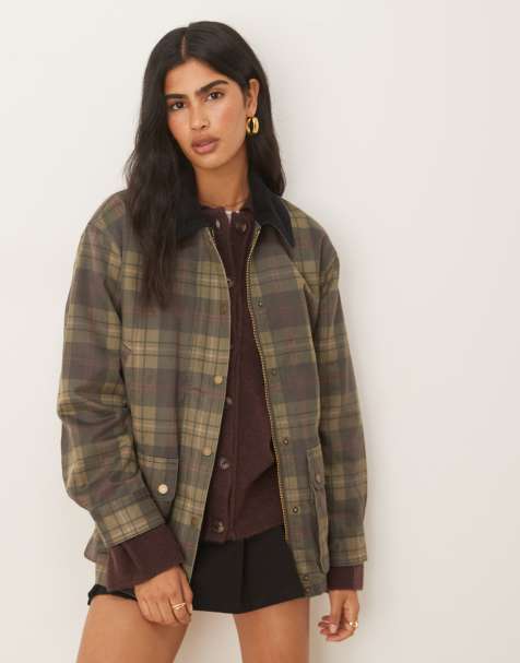 Abercrombie & Fitch mid length contrast collar waxed barn jacket in green plaid - view 1