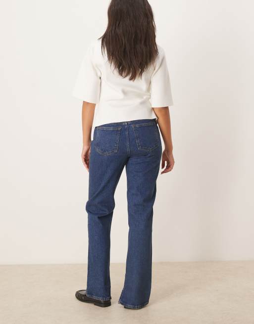 Abercrombie & Fitch mid rise 90s flared jeans with split hem in dark blue wash, 2 of 5