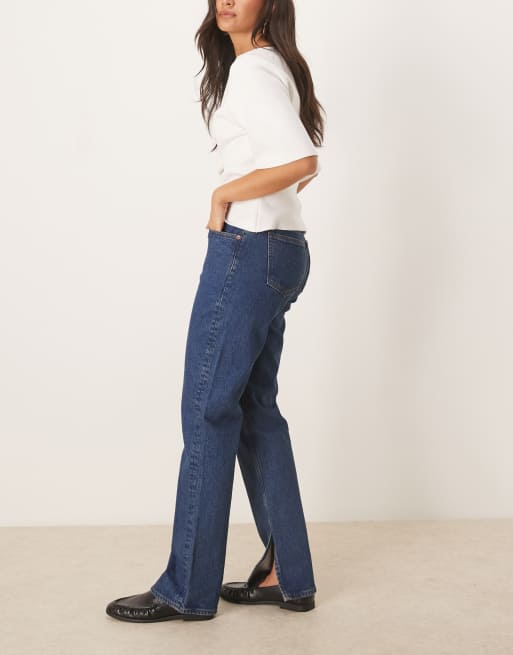 Abercrombie & Fitch mid rise 90s flared jeans with split hem in dark blue wash, 3 of 5