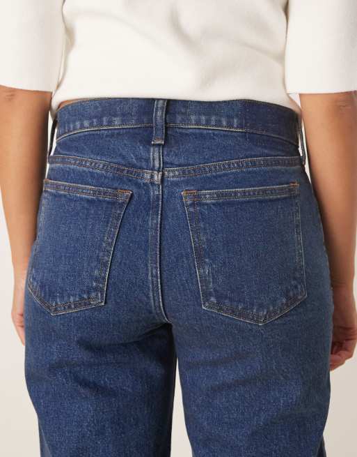 Abercrombie & Fitch mid rise 90s flared jeans with split hem in dark blue wash, 4 of 5