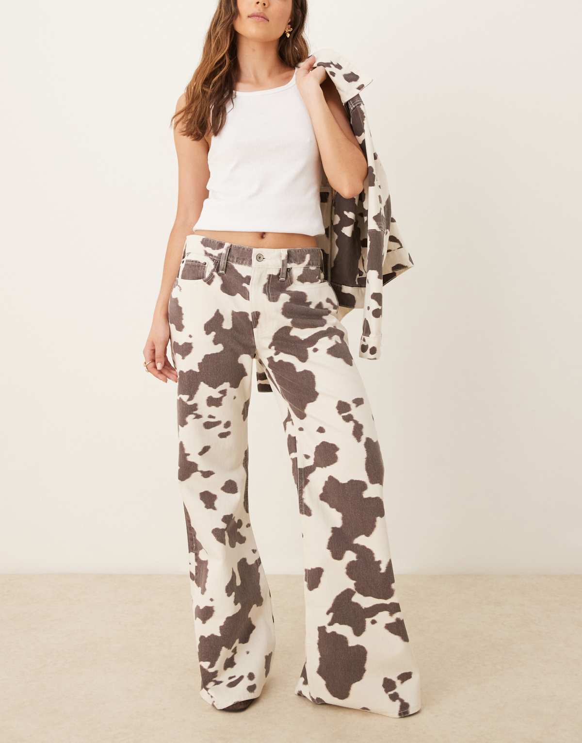 Abercrombie & Fitch mid rise baggy bootcut jean in multi cow print