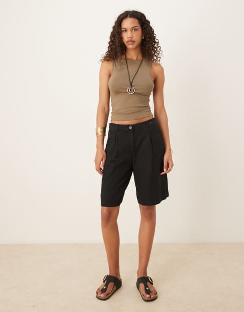 Abercrombie & Fitch mid rise bermuda linen shorts in black - view 1