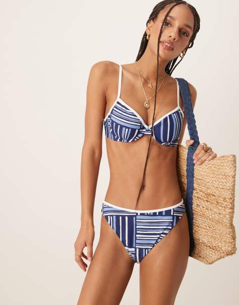 Abercrombie & Fitch mid rise contrast trim bikini bottom co-ord in blue stripe print - view 1