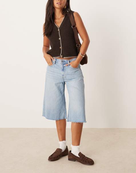 Abercrombie & Fitch mid rise long jort jean shorts in light blue wash - view 1