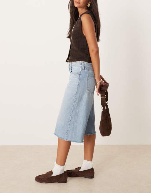 Abercrombie & Fitch mid rise long jort jean shorts in light blue wash