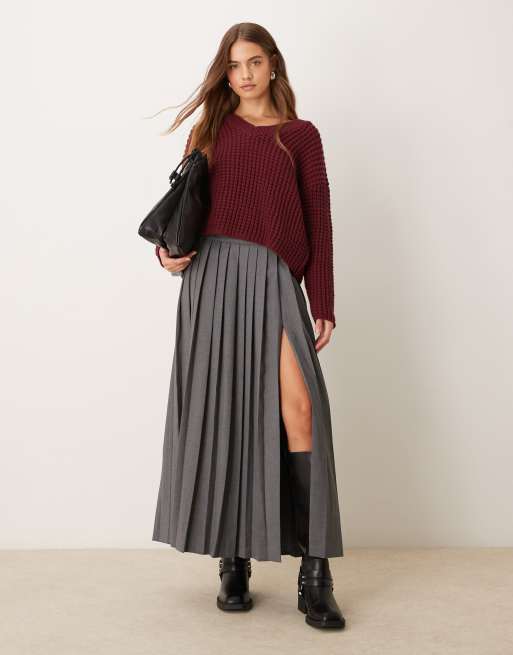 Abercrombie Fitch mid rise pleated maxi skirt with side slit in grey