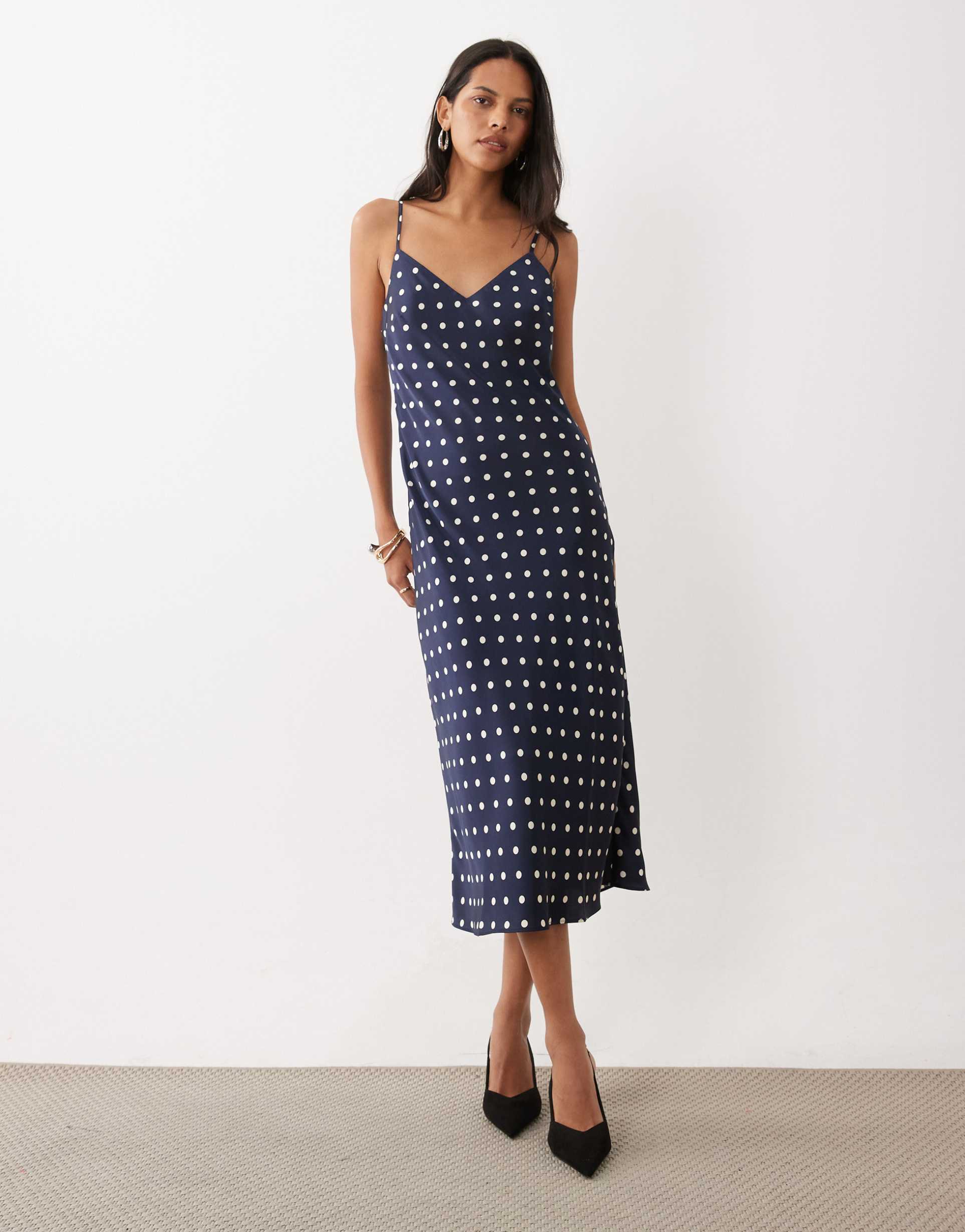 abercrombie & fitch midaxi satin slip dress in navy polka dots