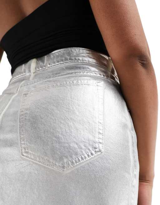 Abercrombie & Fitch – Midi-Jeansrock in Metallic-Silber mit Schlitz vorne, 2 von 5