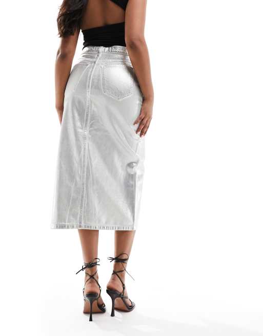 Abercrombie & Fitch – Midi-Jeansrock in Metallic-Silber mit Schlitz vorne, 3 von 5