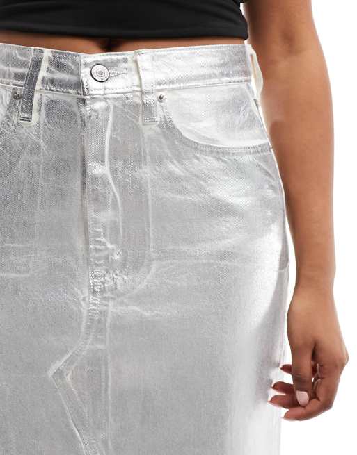 Abercrombie & Fitch – Midi-Jeansrock in Metallic-Silber mit Schlitz vorne, 5 von 5