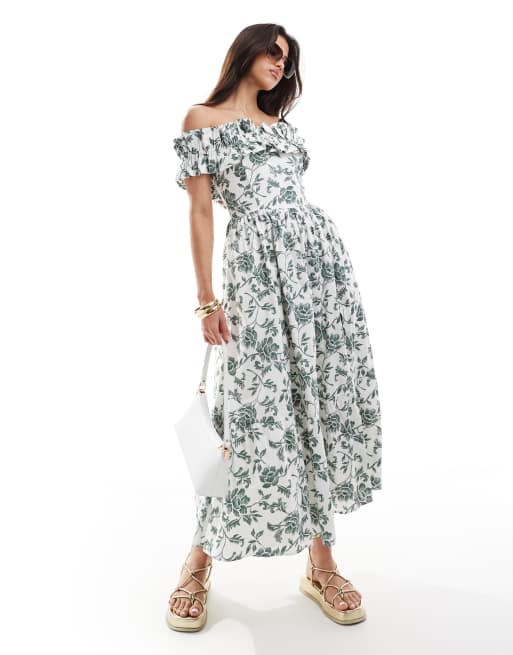 Abercrombie & Fitch - Midi jurk met blote schouders en ruches in wit met groene bloemenprint