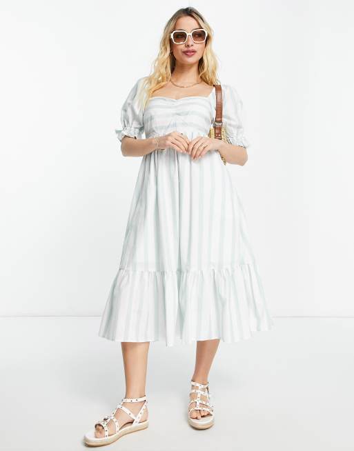 Abercrombie & Fitch - Midi-jurk met pofmouwen in groen met witte strepen