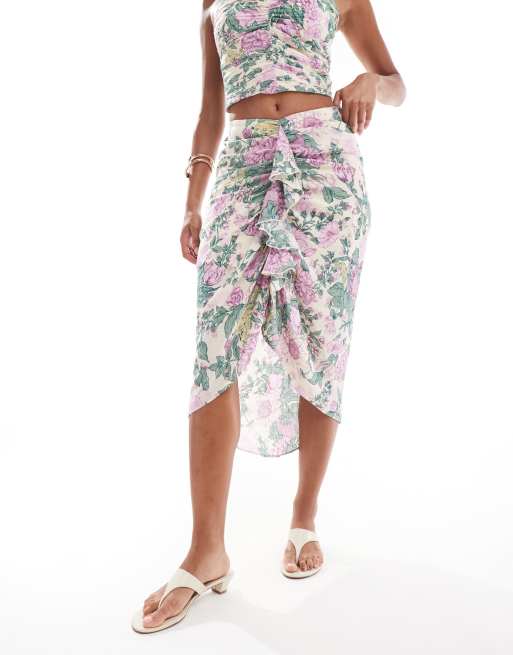 Abercrombie & Fitch - Midi rok van kreukelstof met watervalruches in paarse bloemenprint, deel van co-ord set