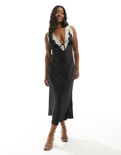Abercrombie & Fitch - Midi slipdress in zwart met contrasterent kant