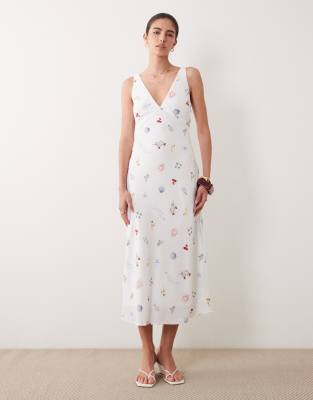 Abercrombie & Fitch - Midi-Trägerkleid mit V-Ausschnitt und sommerlichem Muster-Weiß