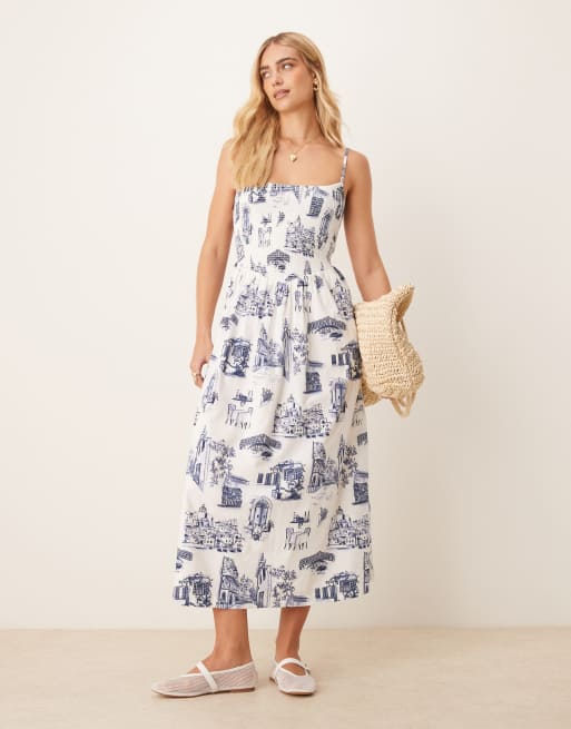 Abercrombie & Fitch - Midikjole med smock-snit, V-talje og blåt print i poplin