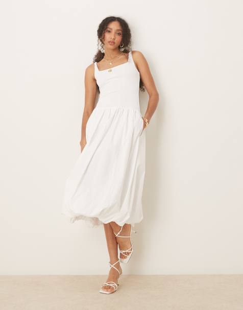 Abercrombie & Fitch – Midikleid in Weiß mit tief angesetzter Taille und Ballonsaum - view 1