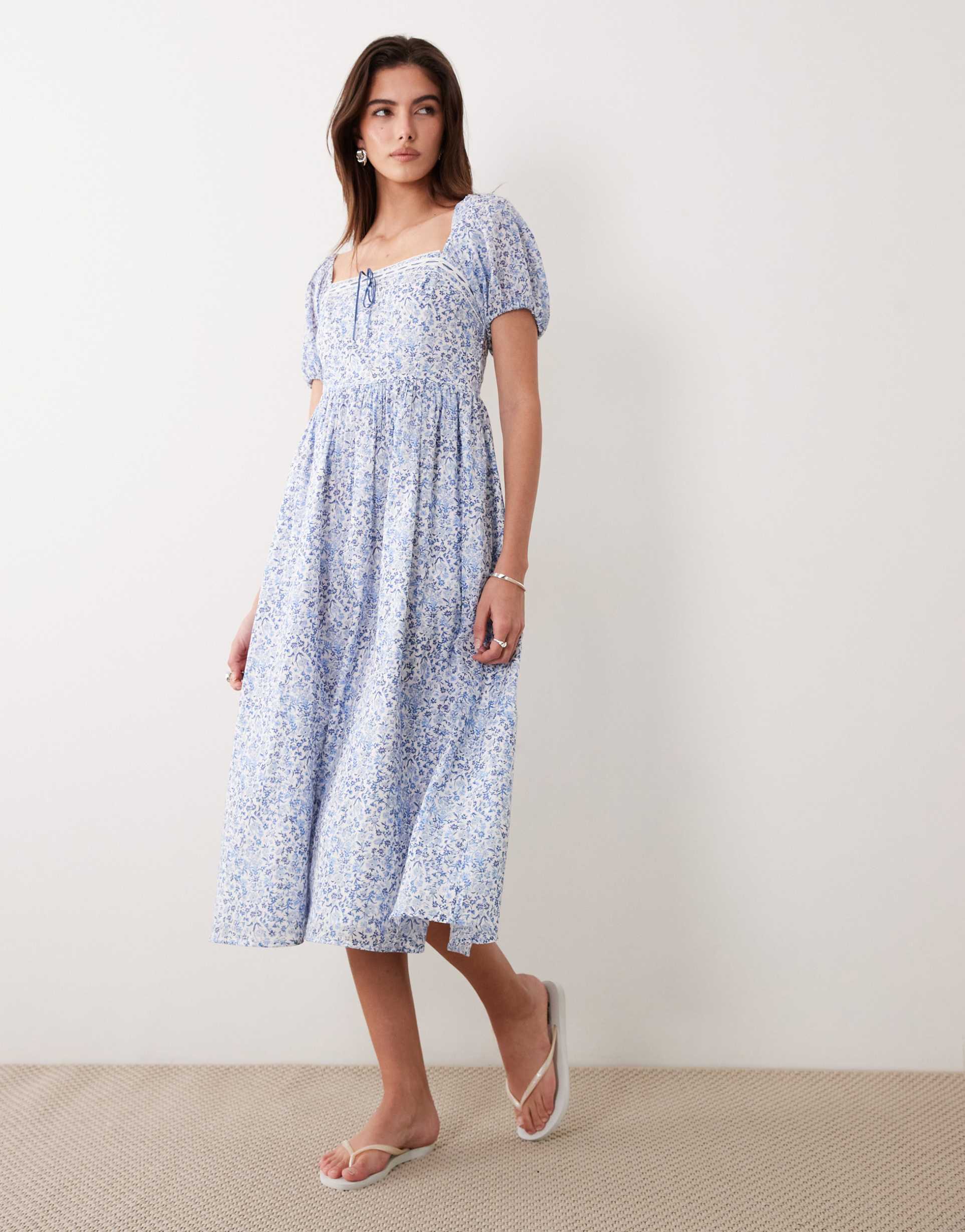 abercrombie & fitch milkmaid maxi dress in blue floral print
