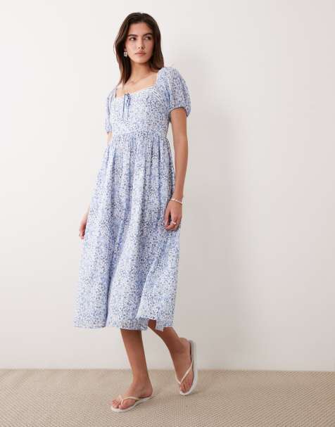 Abercrombie & Fitch milkmaid midi dress in blue floral print  - view 1