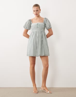 Mini-Babydoll-Kleid mit Puffärmeln und grünen Streifen Grün M