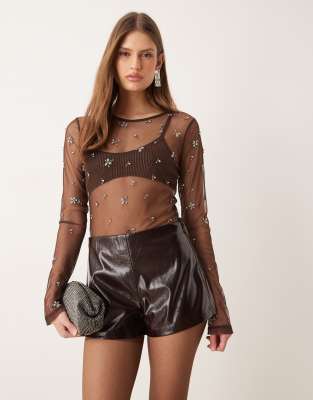 Mini-short en imitation cuir à taille haute - Bordeaux-Rouge W33