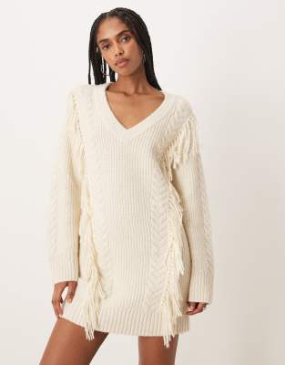 Abercrombie & Fitch Mini Sweater Dress With Fringing In Neutral | ModeSens