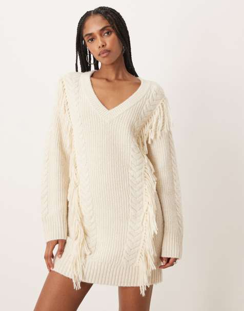Abercrombie & Fitch mini sweater dress with fringing in cream - view 1