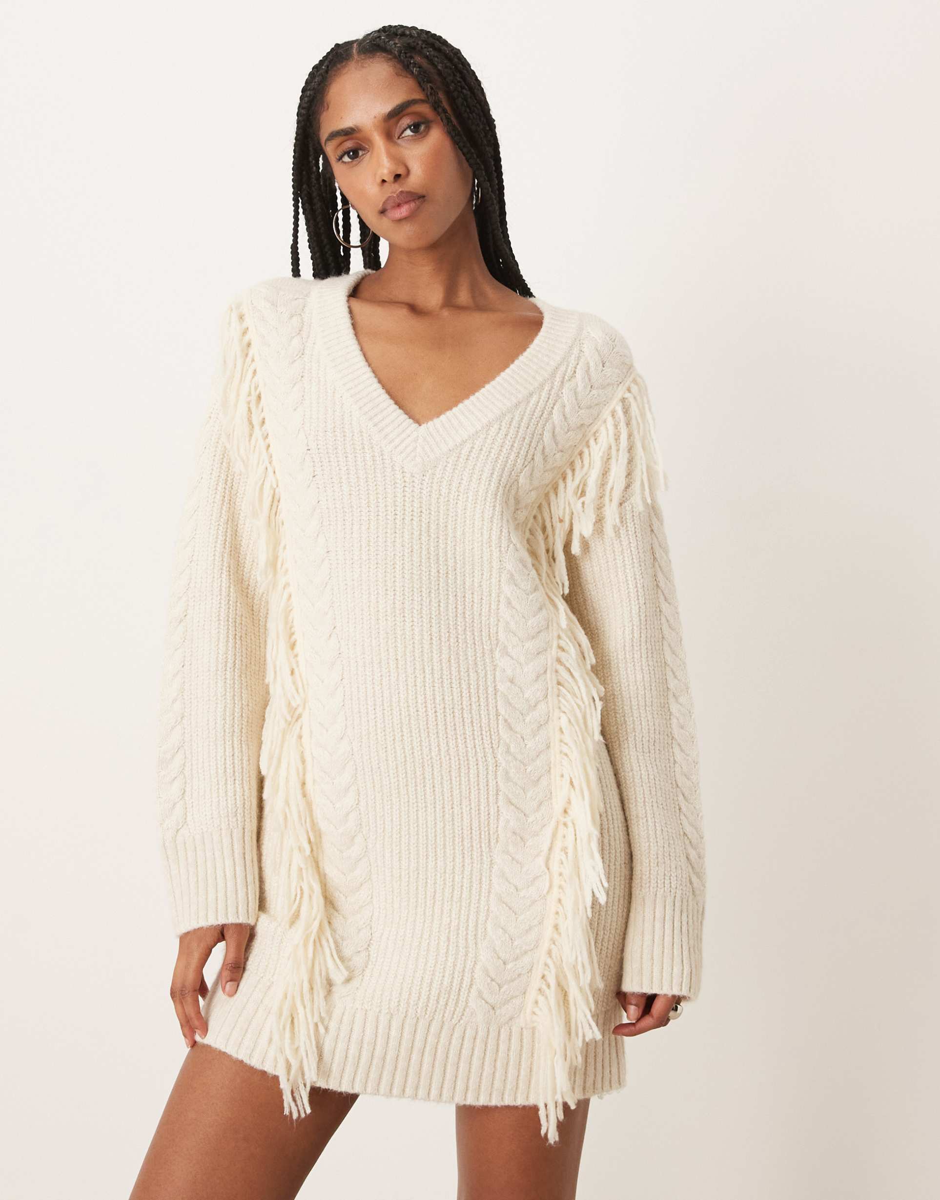 abercrombie & fitch mini sweater dress with fringing in cream