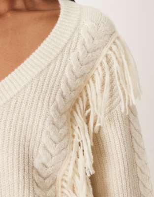Abercrombie & Fitch Mini Sweater Dress With Fringing In Neutral