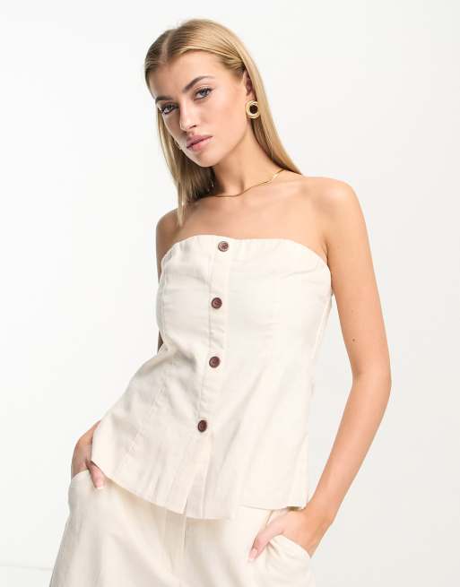 Abercrombie & Fitch - Mix en match - Linnen top met knopen aan de voorkant in crème, deel van co-ord set
