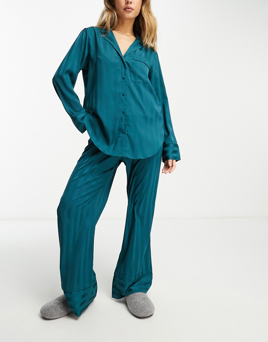 Abercrombie & Fitch mix & match satin button through pyjama top in teal-Green