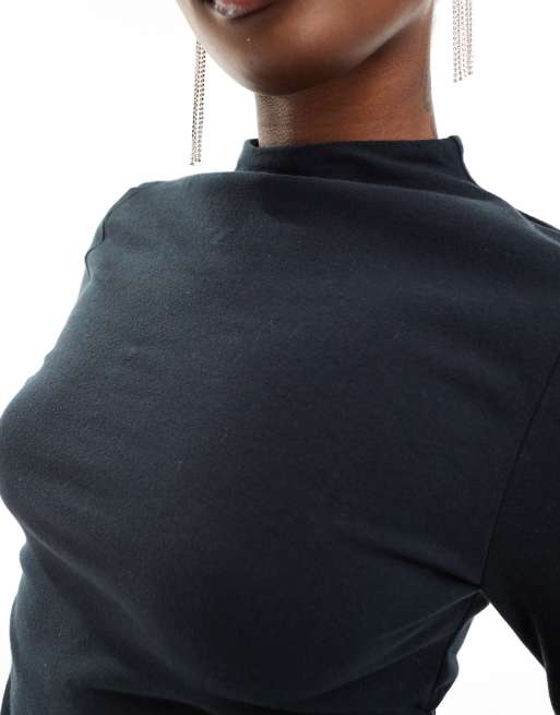Abercrombie & Fitch mock neck long sleeve top in black with side ruching, 3 of 4