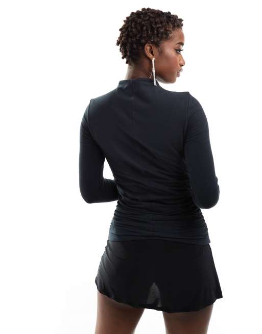 Abercrombie & Fitch mock neck long sleeve top in black with side ruching, 4 of 4