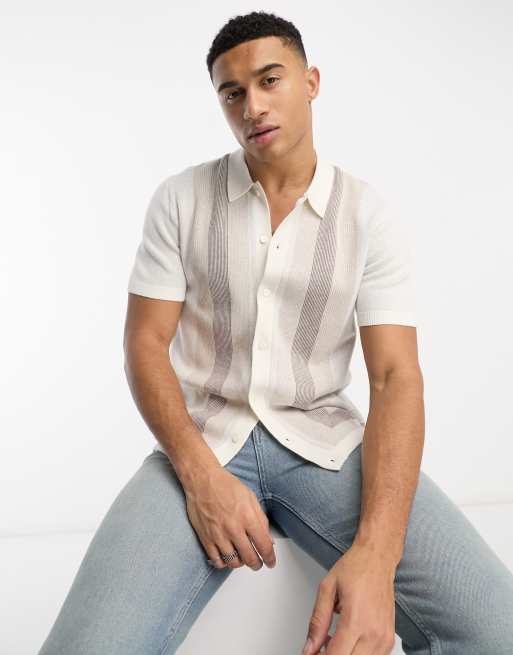 Abercrombie & Fitch modern classic pattern border button through knit polo in cream