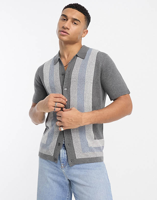 Abercrombie & Fitch - modern classic pattern border buttonthrough knit polo in grey
