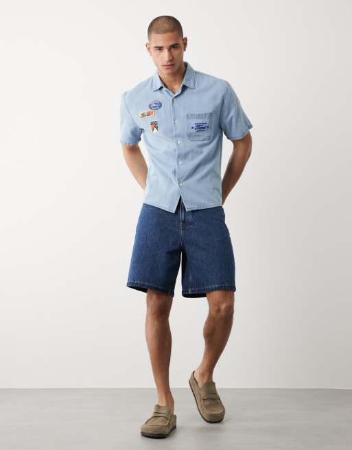 Abercrombie & Fitch motor graphic short sleeve workwear shirt in light blue, 2 of 5