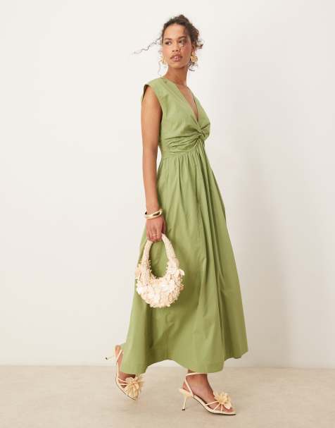Abercrombie & Fitch - Mouwloze maxi jurk met V-hals in olijfgroen - view 1