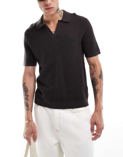 Abercrombie & Fitch - Mørkebrun strikket polo med tekstur