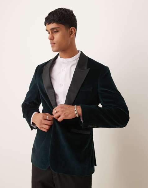 Abercrombie & Fitch - Mørkegrøn enkeltradet blazer i velour med satinkanter - Del af sæt - view 1