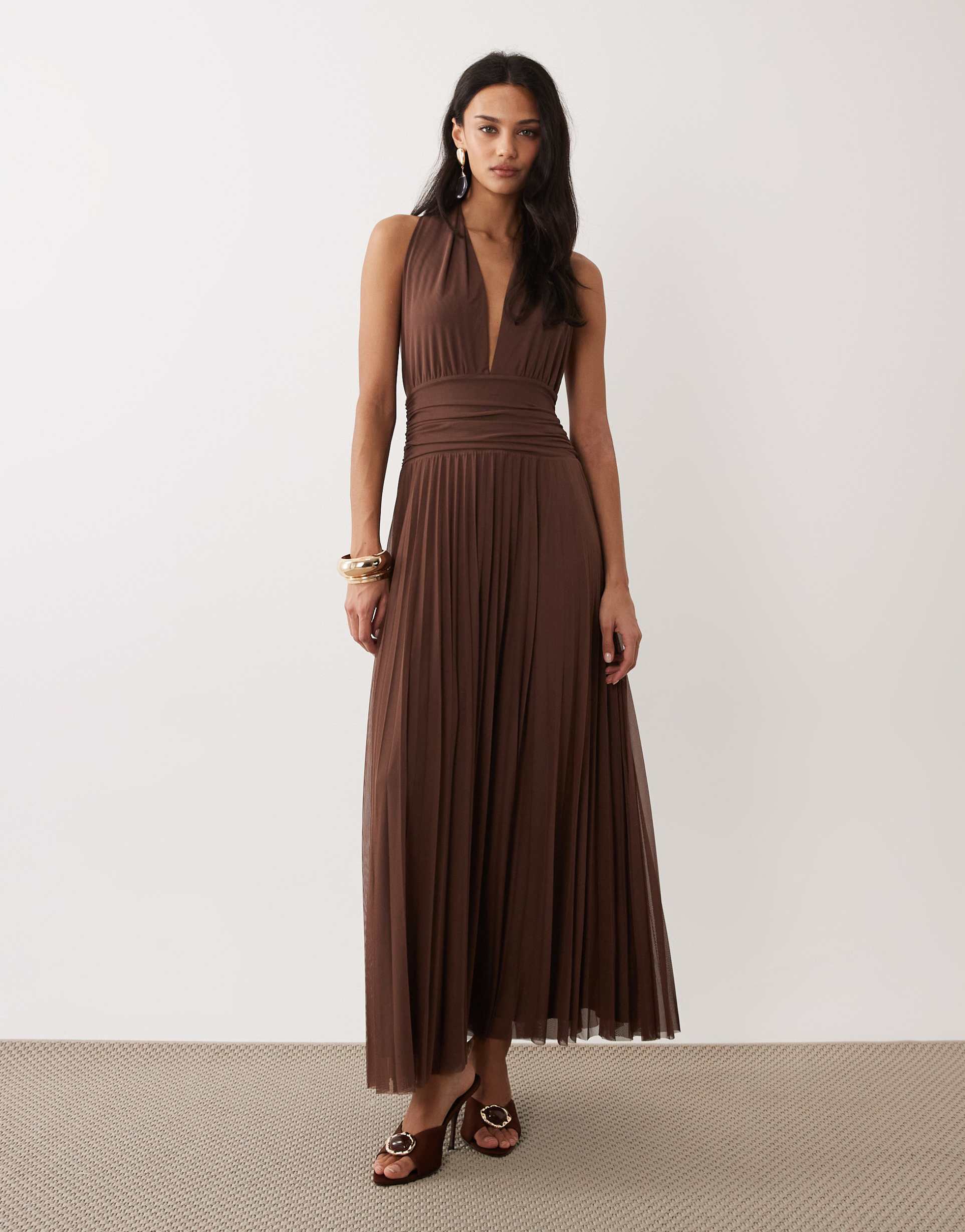 abercrombie & fitch multiway halter neck open back maxi dress in brown