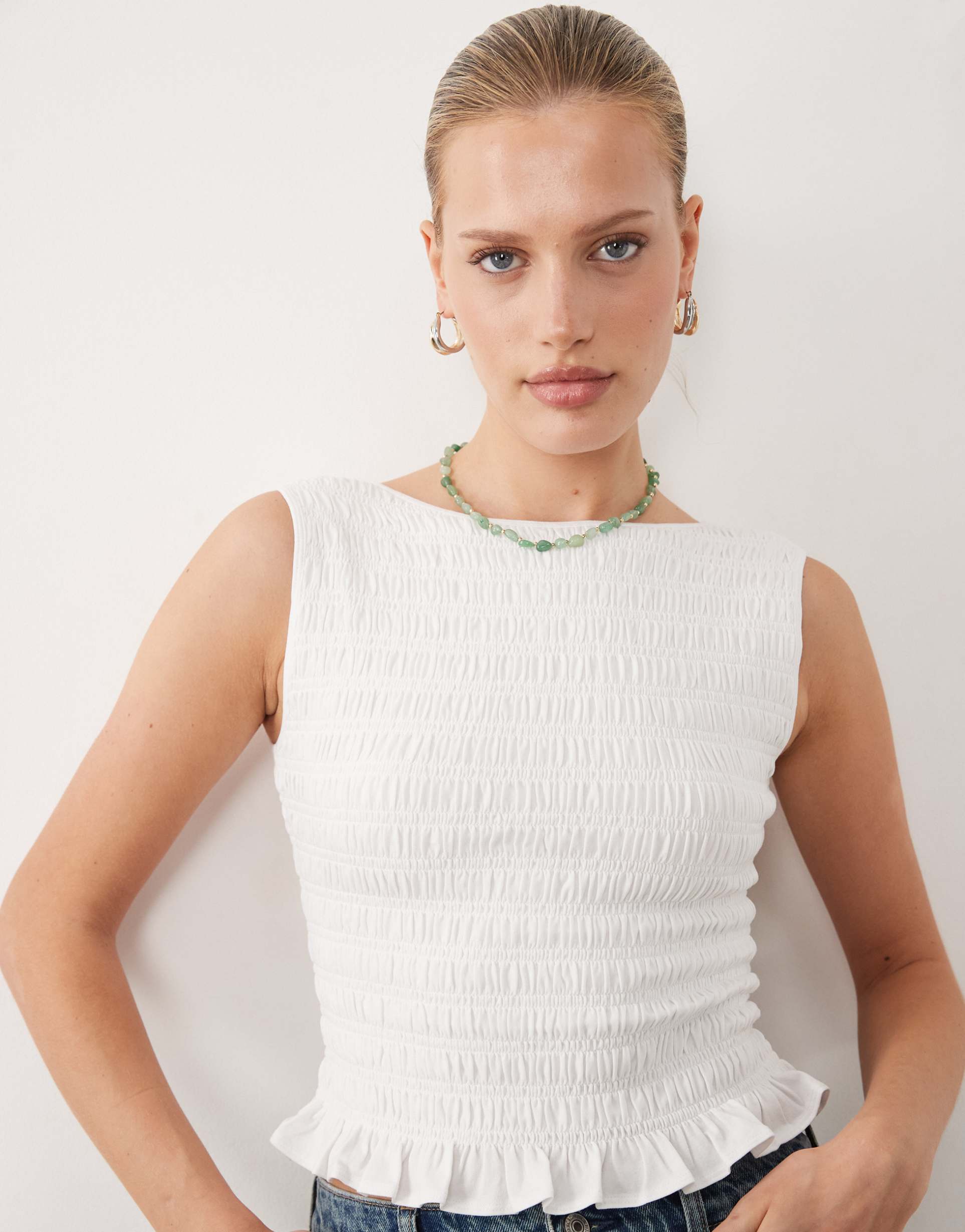 abercrombie & fitch multiway smocked sleeveless top in white