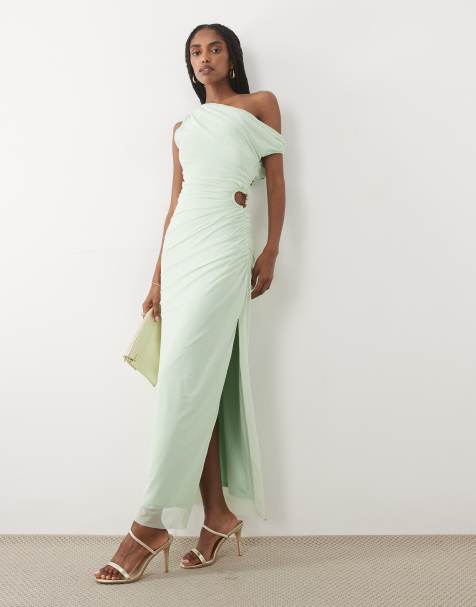 Abercrombie & Fitch – Netzstoff-Maxikleid in Grün mit One-Shoulder-Träger und Zierausschnitt - view 1