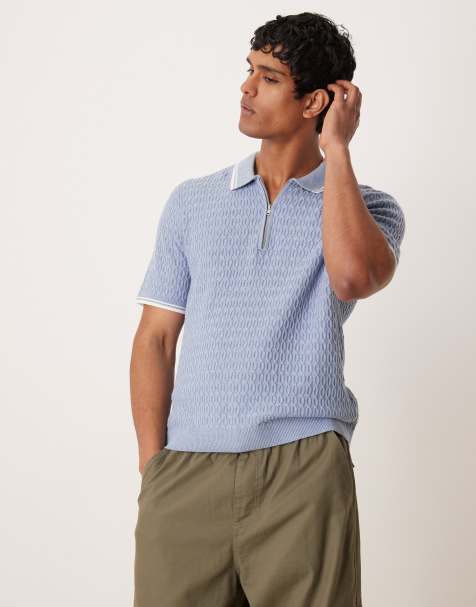 Abercrombie & Fitch knitted half zip polo top with contrast binding in blue