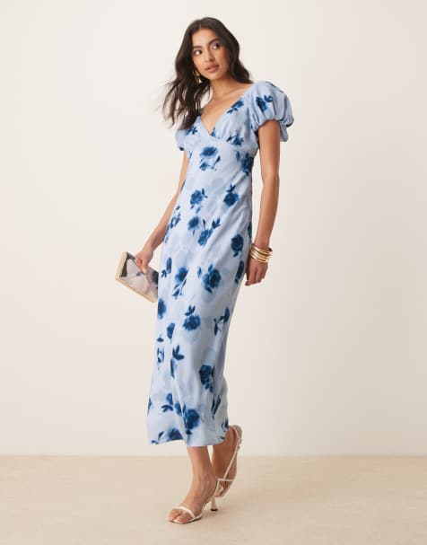 Abercrombie & Fitch puff sleeve tie back slip maxi dress in blue floral