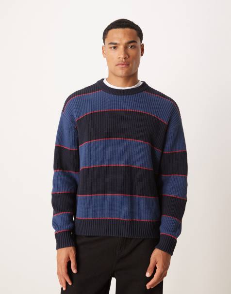 Abercrombie & Fitch knitted crew neck fisherman jumper in blue stripe