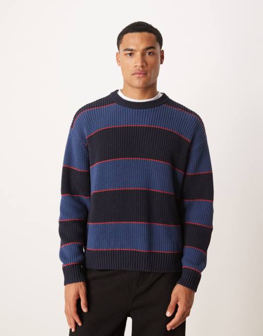 Abercrombie & Fitch – Niebieski dzianinowy sweter w paski wykonany ściegiem angielskim, z okrągłym dekoltem