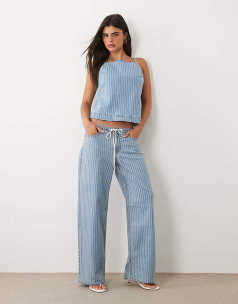 Abercrombie & Fitch – Niebieski lekki jeansowy zestaw w prążki z wiązanymi jeansami z szerokimi nogawkami - view 1