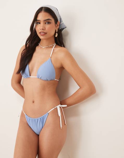 Abercrombie & Fitch cheeky tie side bikini bottom co-ord in blue 
