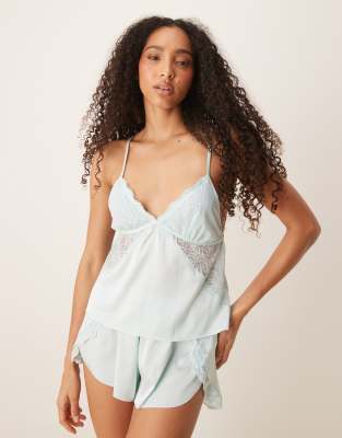 Abercrombie & Fitch Abercrombie & Fitch nightwear satin lace trim cami top in blue co-ord