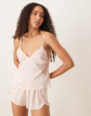 Abercrombie & Fitch Abercrombie & Fitch nightwear satin lace trim cami top in pink co-ord